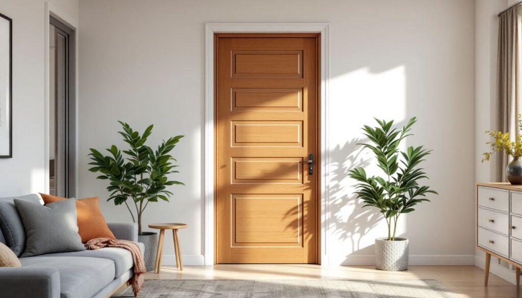 puerta madera clara salon moderno interiorismo acogedor decoracion