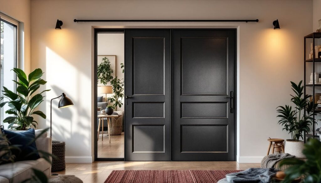 puerta doble madera negra entrada interior plantas