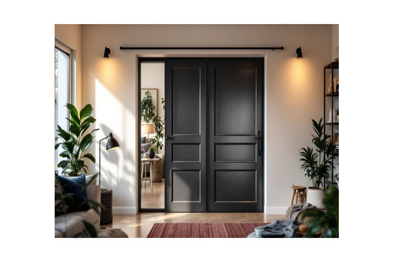 puerta doble madera negra entrada interior plantas min