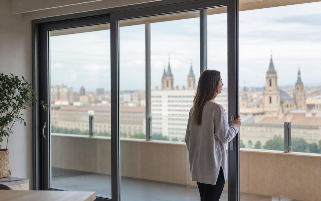 Woman opening a large grey sliding glass door overlooking the Basilica of Our Lady of the Pillar and the Zaragoza city skyline.